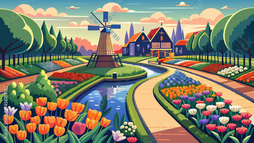 A beautiful garden with a path leading to a castle. The garden is filled with colorful flowers and trees, and there is a river running through it. The castle is located in the distance