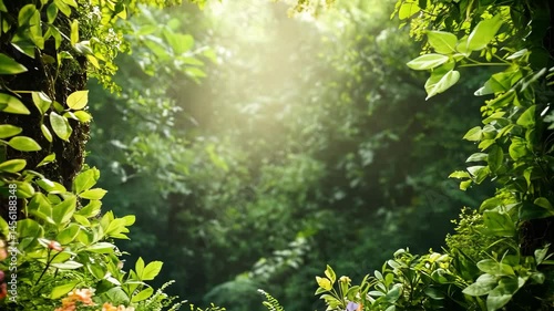 Lush flora frames distant forest scene, sunbeams filtering, vibrant, peaceful