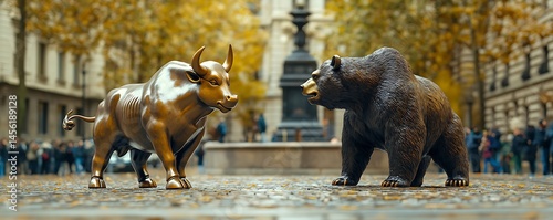 Bull and bear statues facing off on a city street, symbolizing market forces and potential conflict