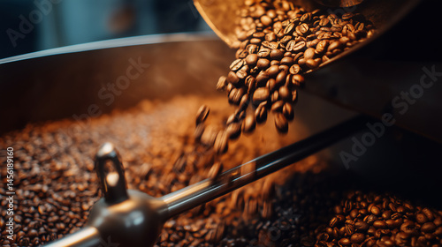 Roasted coffee beans falling from industrial roaster.