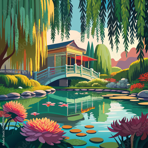 A bridge spans a body of water, with a house on the other side. The scene is peaceful and serene, with a lush green forest in the background