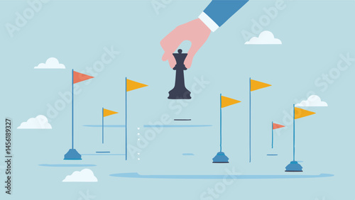 Strategic Move A chess queen poised for victory navigating a path marked by flags and goals