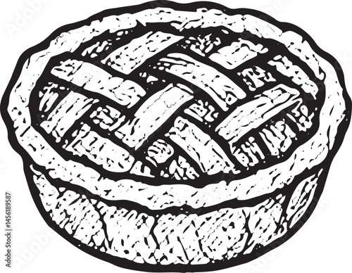 Hand-drawn illustration of a lattice-top pie, with a detailed crust and filling, showcasing the comforting and classic design of a traditional pie