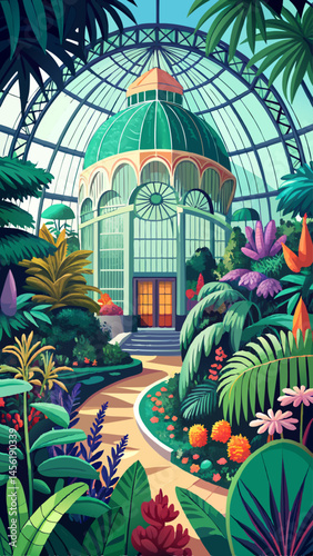 A painting of a tropical garden with a greenhouse and palm trees. The painting is full of bright colors and has a lively, cheerful mood