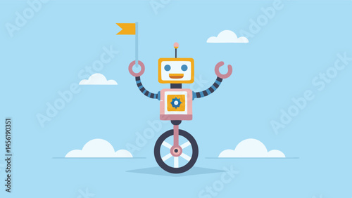 Cheerful robot riding unicycle flag in hand joyful pastel sky clouds simple graphic design vector