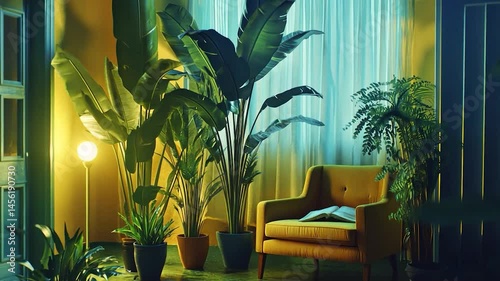 Cozy indoor jungle room bathed in warm light