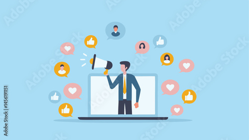 Online businessman announces news via megaphone laptop screen positive feedback likes hearts social