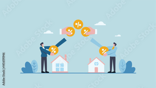 Mortgage interest rates homebuyers exchanging percentage coins signifying financial transactions