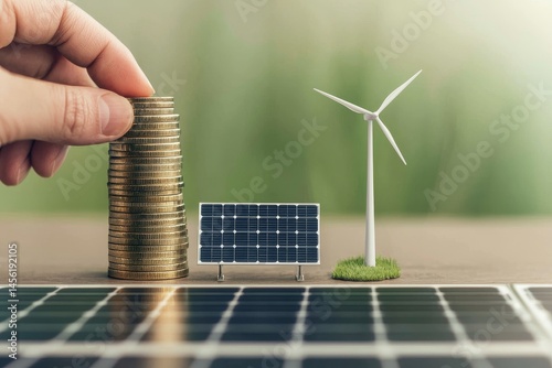 Investing in renewable energy with coins, solar, and wind elements. Business growth sustainability expansion concept.