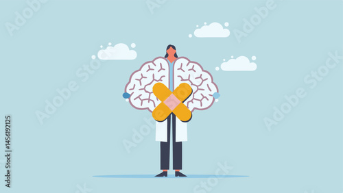 Doctor holding a brain with a bandage symbolizing healing and recovery simple design pastel colors
