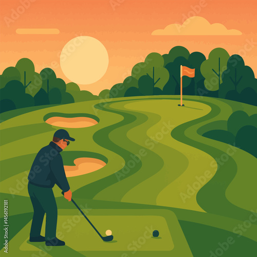 Golfer Preparing to Swing on Green Course at Sunset Illustration