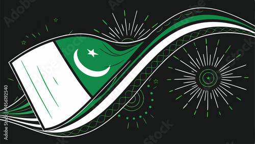 Pakistan Flag Abstract Celebration Design, Waving Pakistani Flag with Festive Elements, Green and White Pakistan National Day Graphics