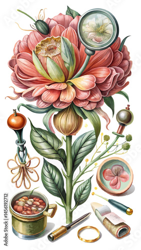 A flower with a magnifying glass and a compass on it. The flower is pink and surrounded by various objects such as a pencil, a bottle, and a cup. Concept of curiosity and exploration