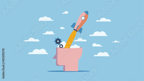 Launch your brilliant ideas Rocket fueled mind gears turning bright sky Simple vector art