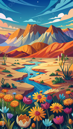 A beautiful landscape with a river running through it. The mountains in the background are majestic and the flowers in the foreground are vibrant and colorful
