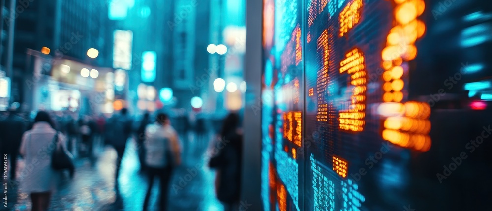 Night city street with stock market board