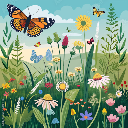 A beautiful, vibrant field filled with a variety of colorful flowers and butterflies. The scene is peaceful and serene, with the butterflies fluttering around the flowers. The field is lush and green