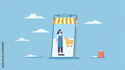 Online shopping woman with cart on phone easy mobile store convenient e commerce simple design blue