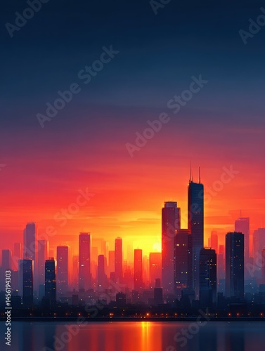 A vibrant sunset illuminates the dark silhouette of a modern city skyline reflected in the calm water below at the end of the day in summer.