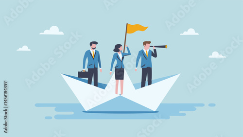 Business team sailing paper boat seeking new opportunities navigating challenges achieving goals