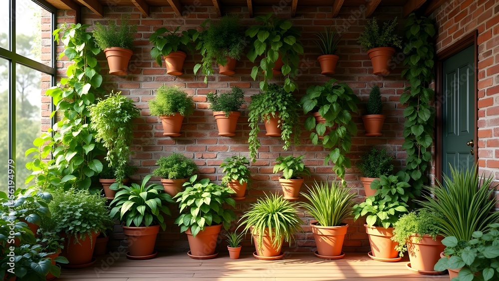 Fototapeta premium Indoor Vertical Garden with Potted Plants on a Brick Wall and Climbing Plants Near a Window and Door