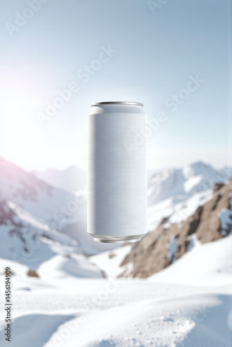 A white, aluminum can floats in the air, surrounded by wispy smoke, with a snowy mountain range and clear blue sky in the background.
