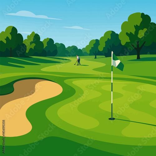 Person Playing Golf on a Green Course with Trees Around