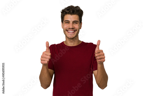 Young handsome caucasian man isolated on white background smiling and raising thumb up