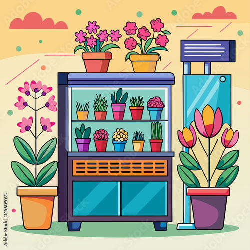 A colorful flower shop with a refrigerator and a display case. The shop is filled with various potted plants and flowers, creating a vibrant and lively atmosphere