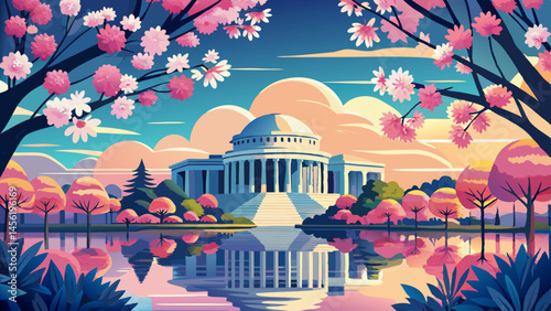 A painting of the Washington Monument with cherry blossoms in the background. The painting is very colorful and has a very peaceful and serene mood