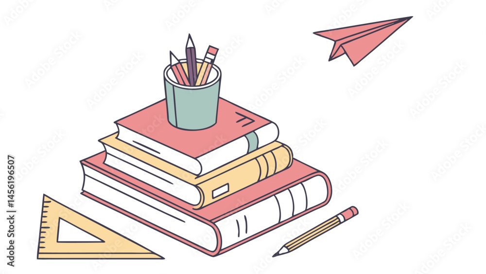 Obraz premium Stack of Books with Stationery and Paper Airplane, Learning and Education Still Life Illustration, Back to School, Books, Pencils, and Paper Plane