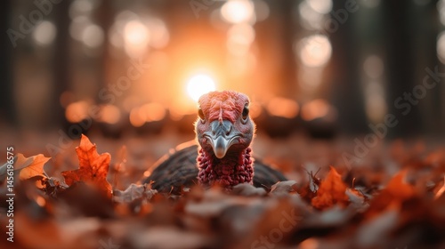 A dignified turkey displays its beauty against the backdrop of autumn leaves and a soft sunset, representing the calm and serene aspects of rural wildlife life during fall.