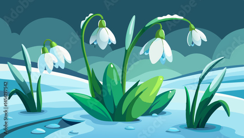 A drawing of a field of snowflowers with a blue sky in the background. The flowers are white and the sky is dark