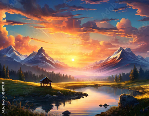 Beautiful setting sun light, sunset, sundown art - 태양 빛, 일몰 아트