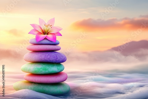 Balanced stones with flower, serene sunrise