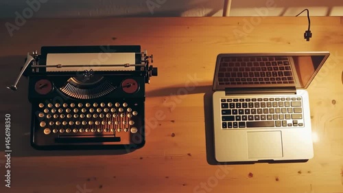 Comparison of vintage typewriter and modern laptop in a minimalist flat lay setting showcasing technology evolution