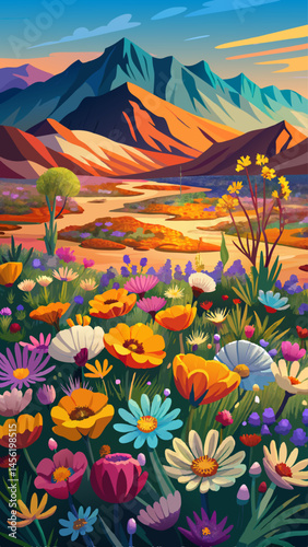 A beautiful landscape with mountains in the background and a field of flowers. The flowers are in various colors and are scattered throughout the field