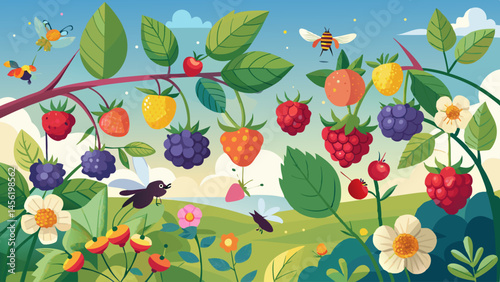 A colorful painting of a forest with many different types of berries and insects. The mood of the painting is lively and cheerful