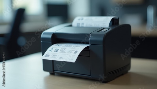 Thermal Printer. Printing receipt remains.. Trend product close-up. Thermal printer sits on table with partially printed receipt, revealing its printing capabilities.