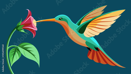 A hummingbird is perched on a flower. The bird is green and orange. The flower is pink