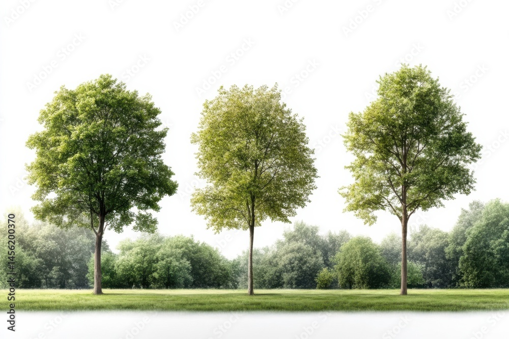 Fototapeta premium Tranquil landscape featuring three lush trees surrounded by greenery under a bright sky