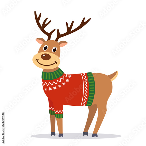 Christmas deer in ugly sweater, vector illustration of reindeer on white background, cute simple flat design, graphic print for children's book
