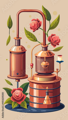 A cartoon drawing of a distillation process with a rose and a leaf. The image has a warm, inviting mood
