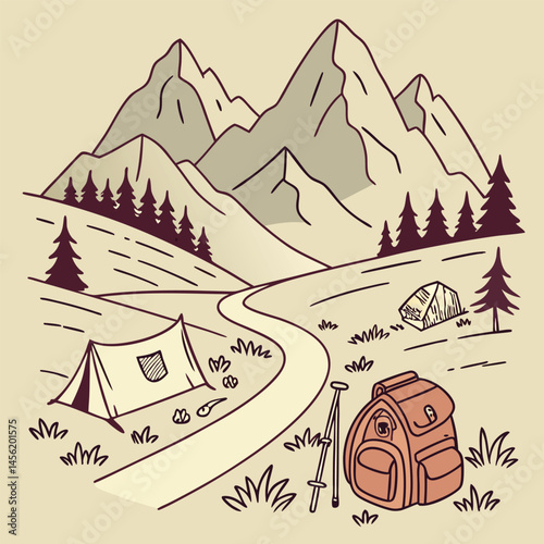 Adventure Travel Vector with Mountains Hiking Gear and Camp Icons