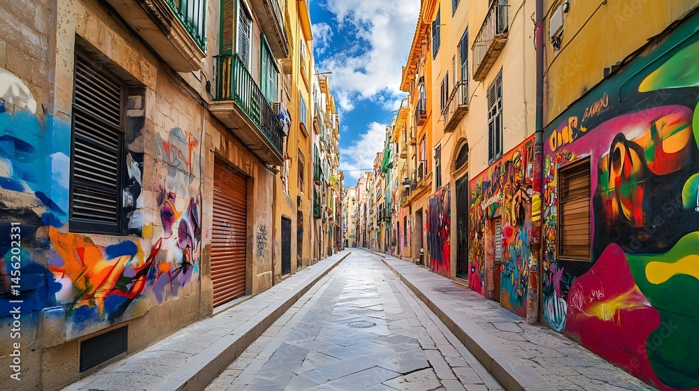 Fototapeta premium A vibrant display of street art in Palma, with murals and graffiti brightening the historic buildings in the Old Town