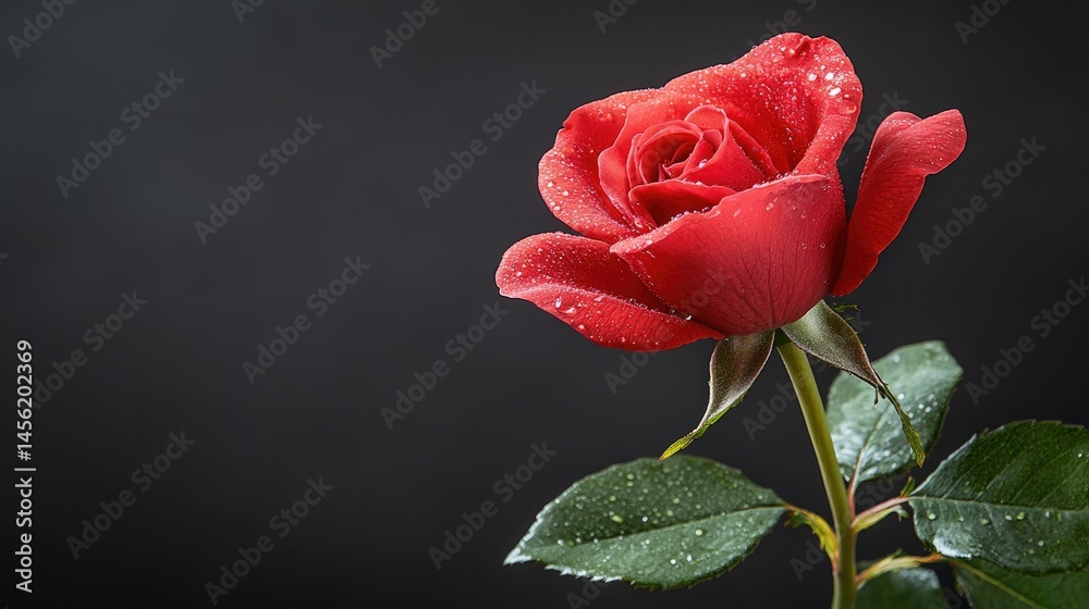 Obraz premium Beautiful red rose with water droplets surrounded by dark background adds elegance to any setting during early morning light
