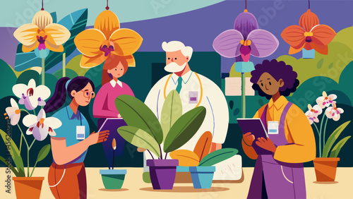 A group of people are tending to plants in a greenhouse. A man in a white lab coat is standing in front of a potted plant