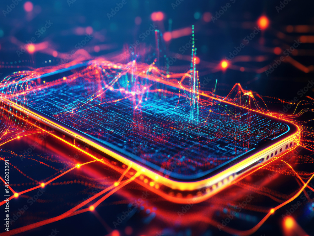 Fototapeta premium Digital technology visualization showcasing data flow in a smartphone