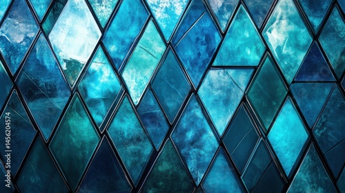 Close-up of textured stained glass wall in blue tones forming a diamond pattern.