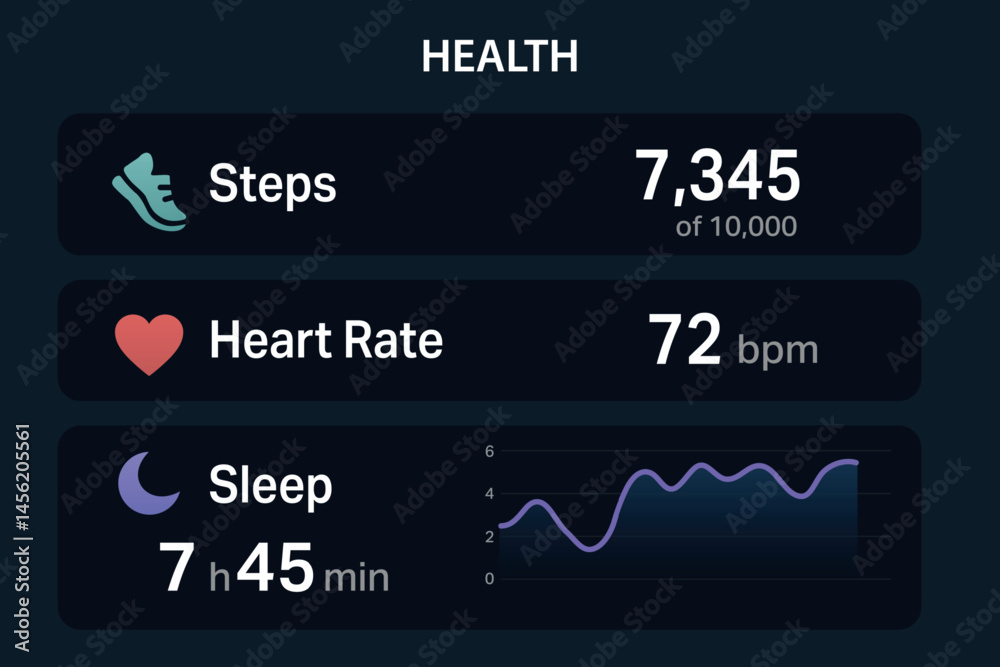 Fitness tracker interface displaying steps, heart rate, and sleep data.